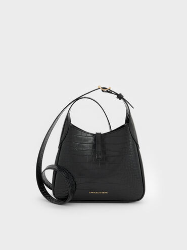 Mini Adalyn Croc-Effect Hobo Bag, Black Croco, hi-res