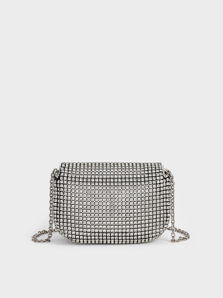 Crystal-Embellished Turn-Lock Mini Bag, Silver, hi-res