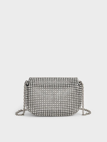 Crystal-Embellished Turn-Lock Mini Bag, Silver, hi-res