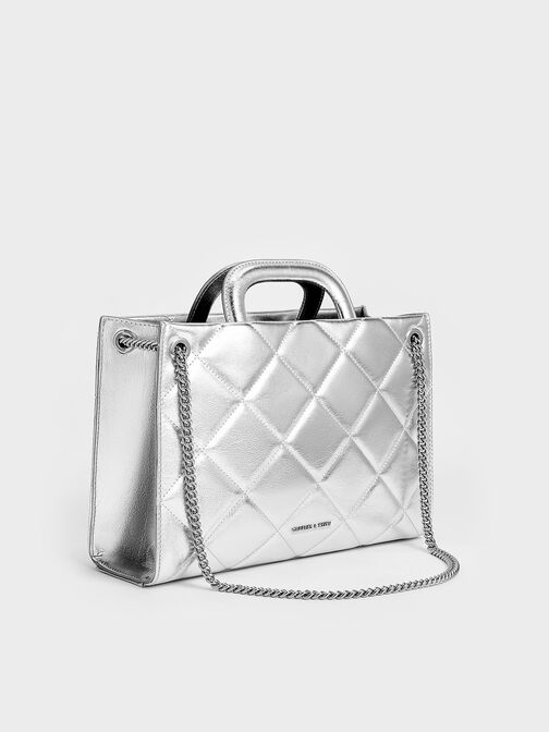 Apfra Metallic Quilted Chain-Handle Bag, Silver, hi-res