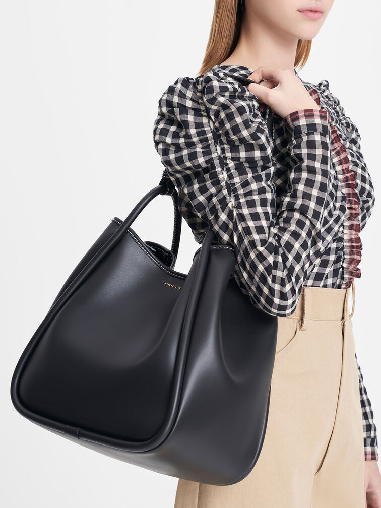 Large Stitch-Trim Slouchy Tote Bag, Black, hi-res