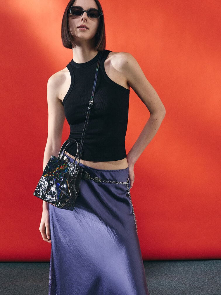 Matina Patent Crinkle-Effect Elongated Tote Bag, Prism Noir, hi-res