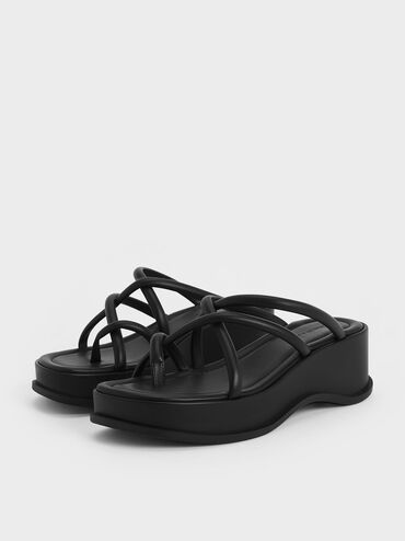 Strappy Tubular Wedge Sandals, Black, hi-res