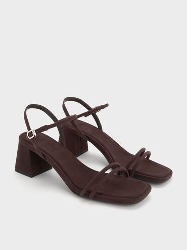 Faux Suede Strappy Trapeze-Heel Sandals, Dark Brown Textured, hi-res