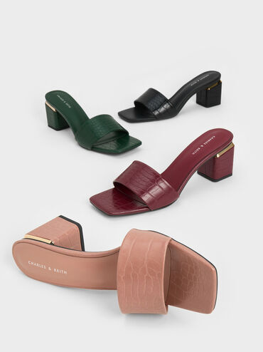 Croc-Effect Square Block Heel Mules, Animal Print Dark Green, hi-res