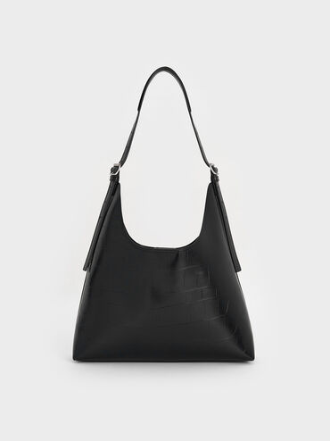 Liv Croc-Effect Hobo Bag, Noir, hi-res