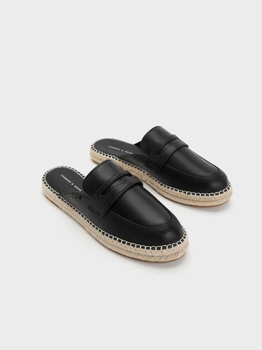 Penny Loafer Backless Espadrilles, Black, hi-res