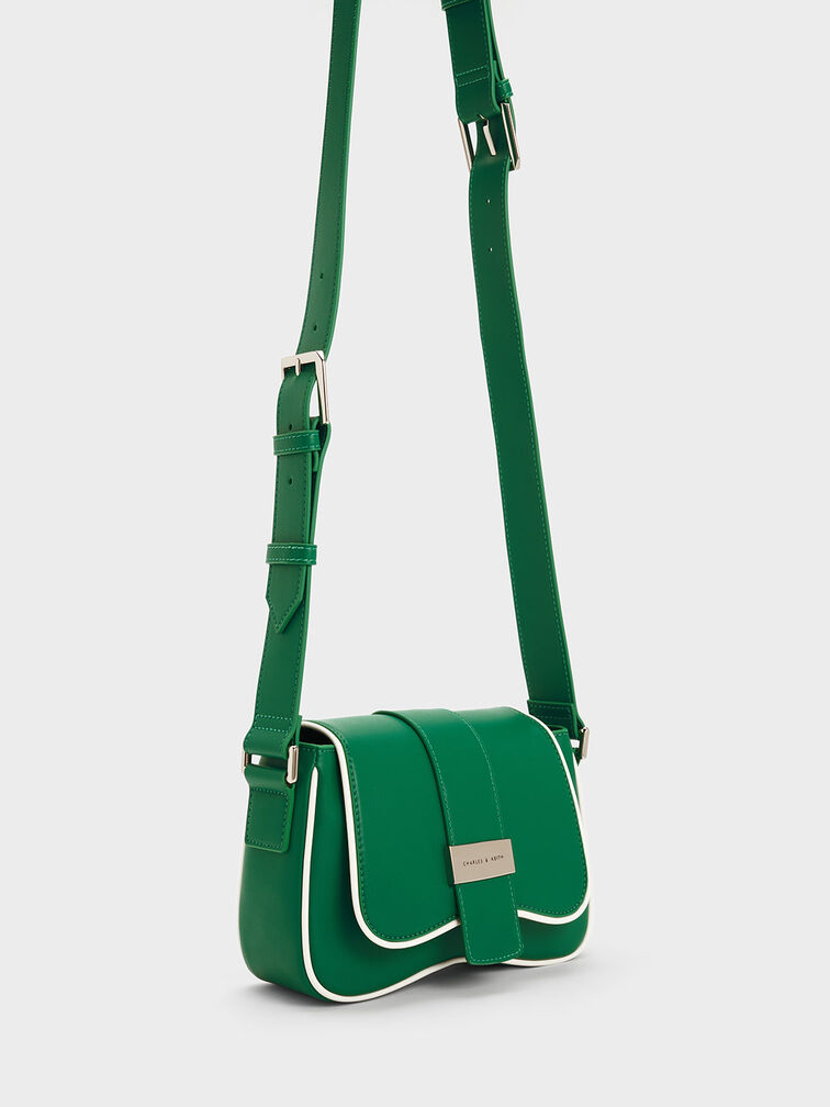 Belted Curved Shoulder Bag, Dark Green, hi-res