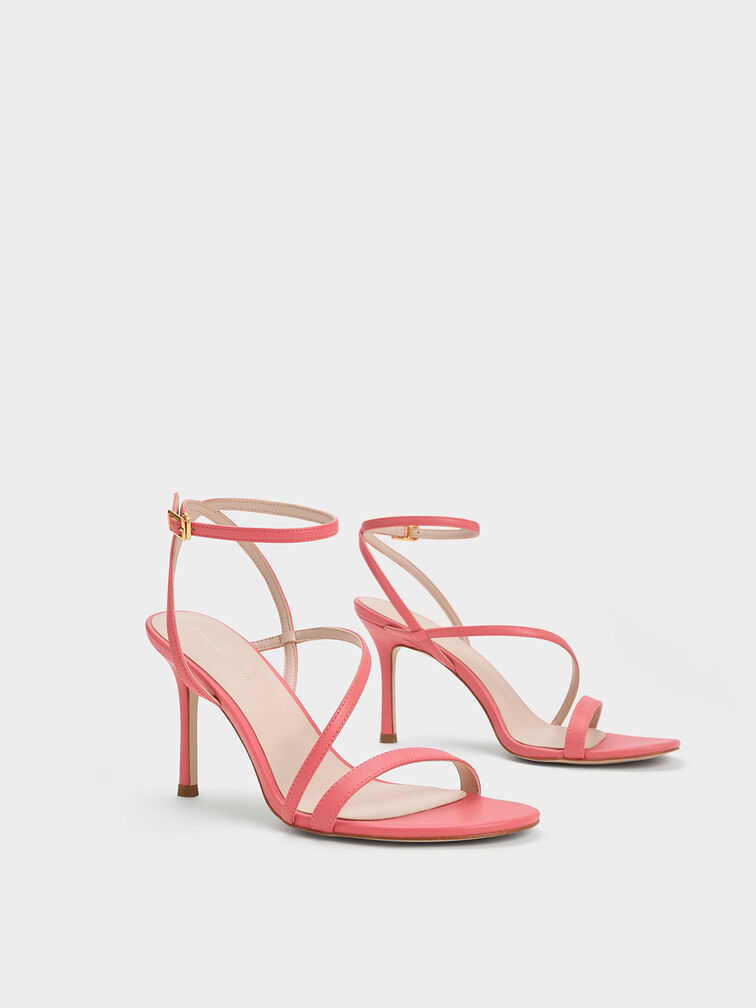 Asymmetric Strappy Heeled Sandals, Coral Pink, hi-res