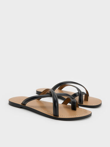 Crossover Toe-Ring Sandals, Black, hi-res