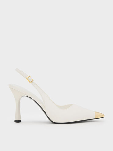 Metallic Cap Pointed-Toe Slingback Pumps, White, hi-res