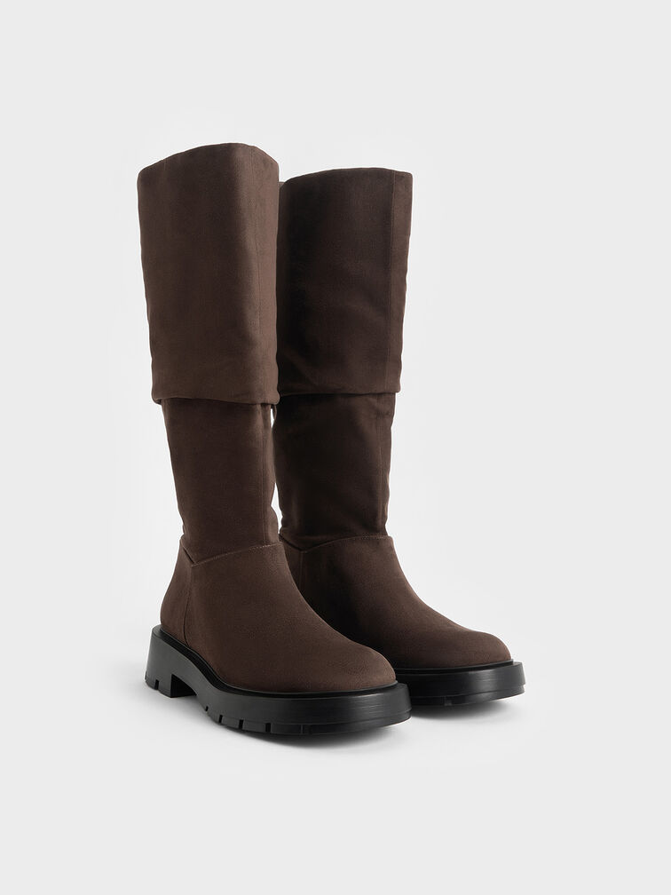 Faux Suede Ruched Knee-High Boots, Brown, hi-res