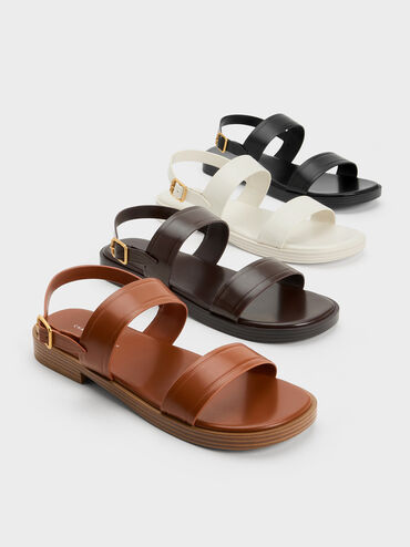 Buckled Double Strap Sandals, Dark Brown, hi-res