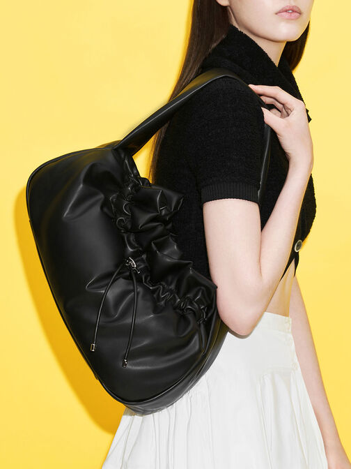Maisy Ruched Hobo Bag, Black, hi-res