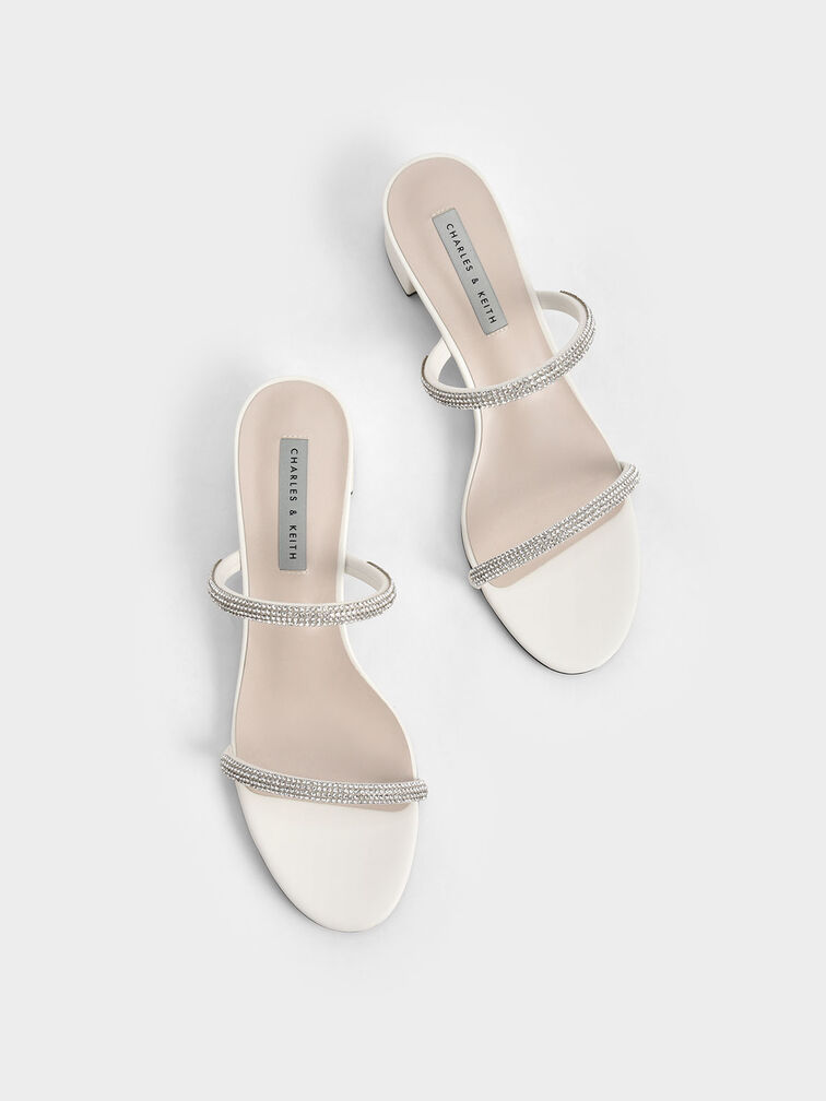 Gem-Encrusted Strappy Heeled Mules, Cream, hi-res