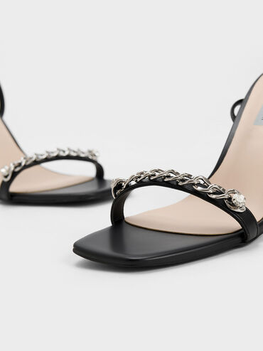 Chain-Embellished Ankle Strap Sandals, Black, hi-res