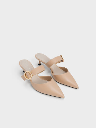 Buckled Strap Spool Heel Mules, Nude, hi-res