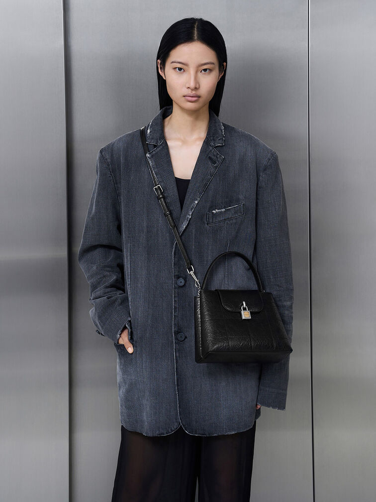 Suki Crinkle-Effect Top Handle Bag, Noir, hi-res