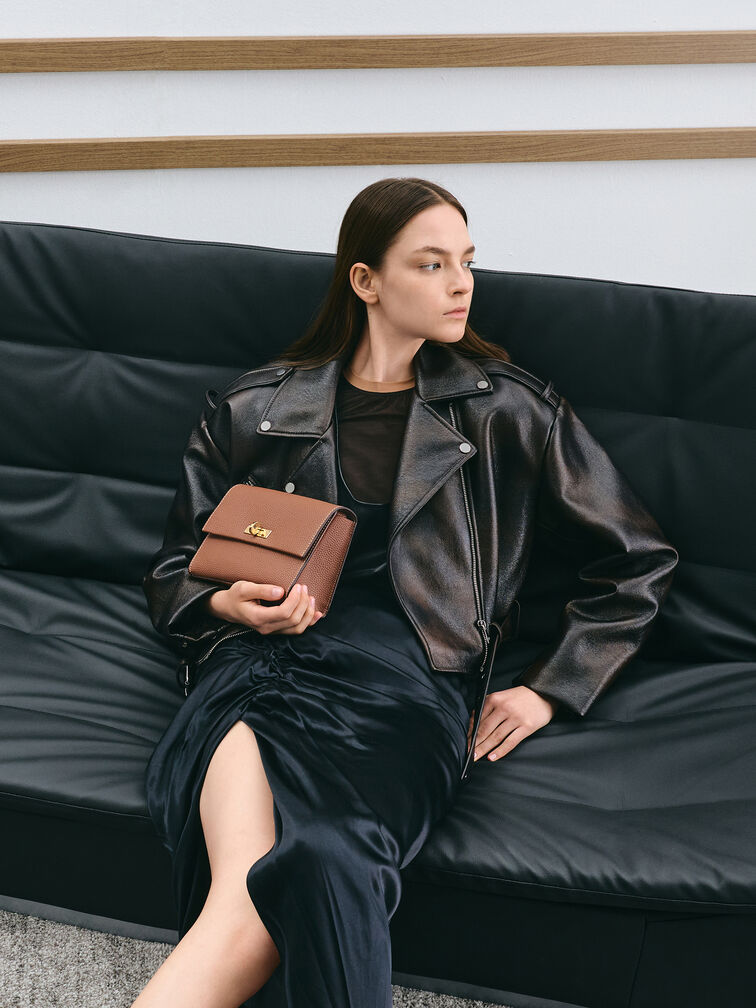 Chance Recycled Leather Turn-Lock Crossbody Bag, Chocolate, hi-res