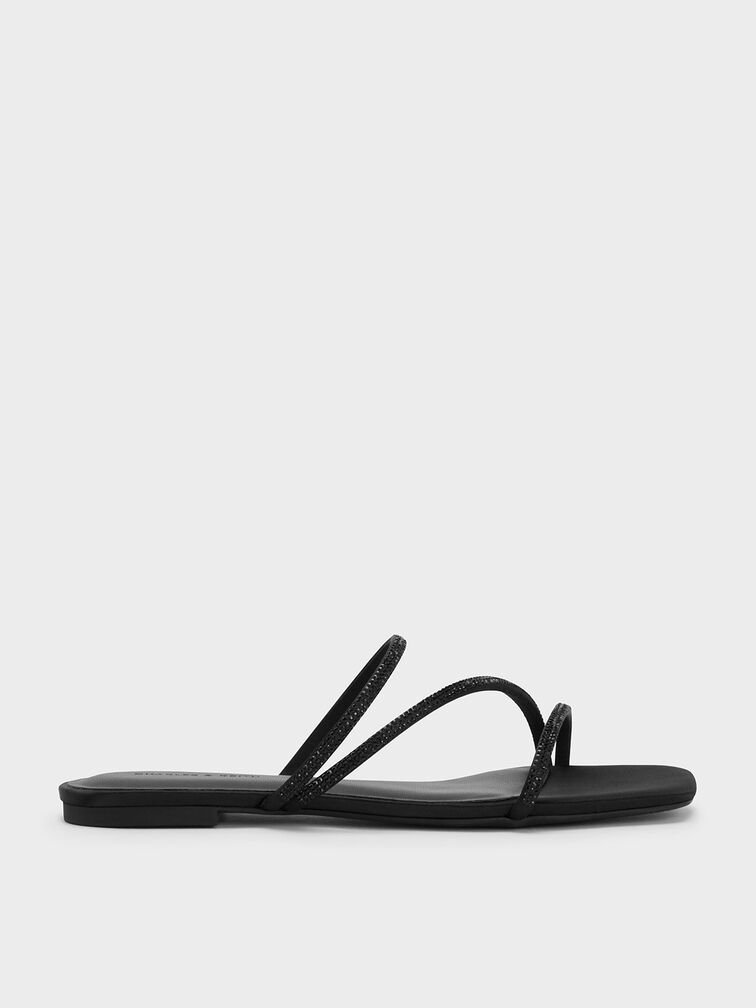 Satin Crystal-Embellished Strappy Sandals, Black Textured, hi-res