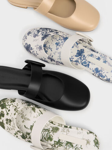 Floral-Print Oval-Buckle Flat Mules, Green, hi-res