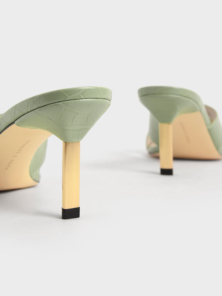 Croc-Effect Metallic Blade Heel Crossover Mules, Animal Print Green, hi-res