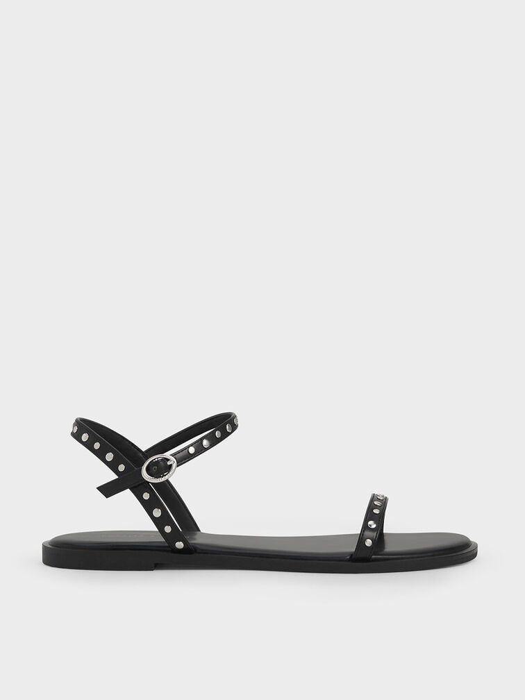 Studded Open-Toe Sandals, Black, hi-res