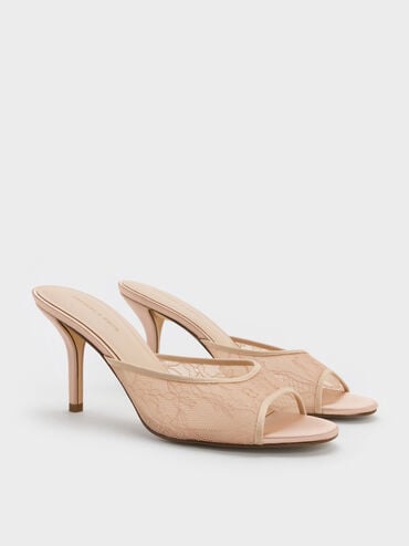 Lace Stiletto Mules, Nude, hi-res