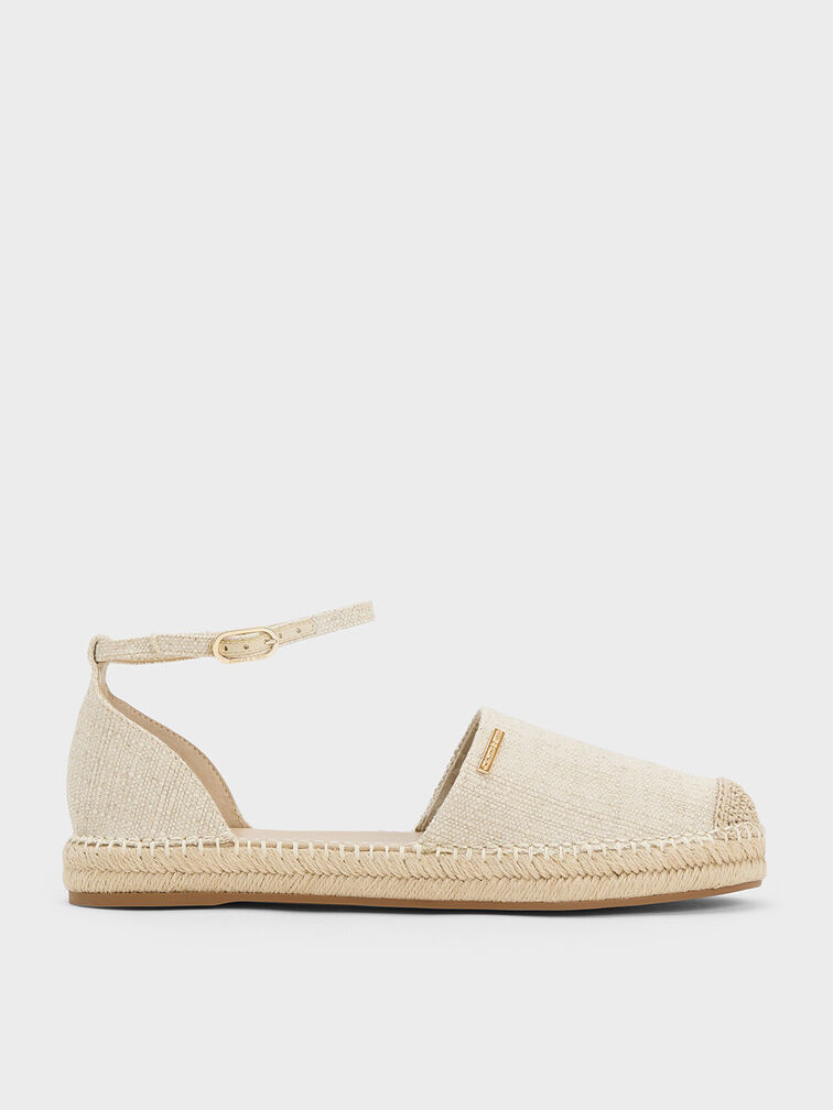 Linen Ankle-Strap Espadrille Flats, Beige, hi-res
