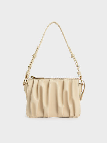 Ruched Bead-Handle Shoulder Bag, Beige, hi-res