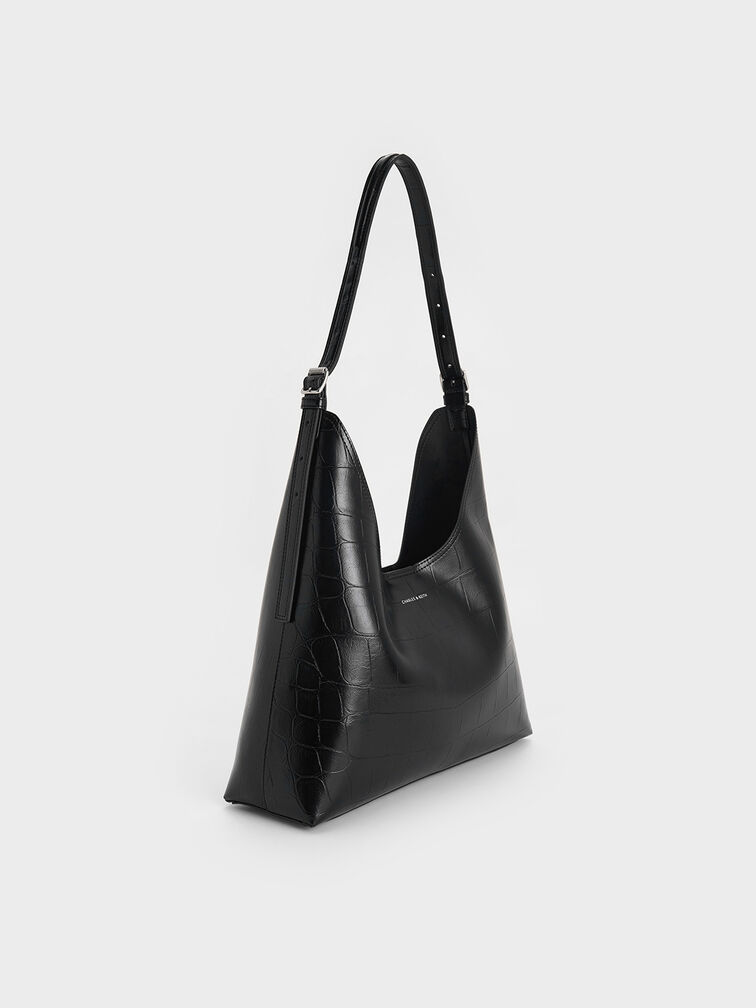 Liv Croc-Effect Hobo Bag, Noir, hi-res