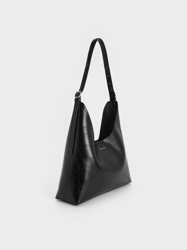 Liv Croc-Effect Hobo Bag, Noir, hi-res