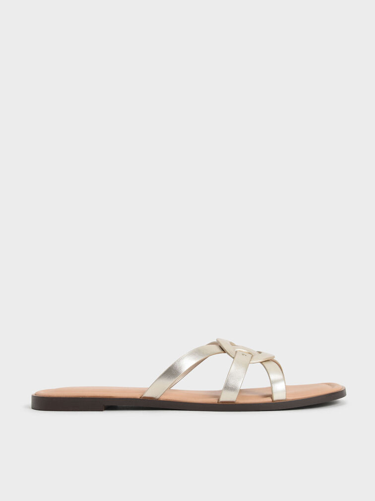 Ring Detail Metallic Strappy Flats, Gold, hi-res