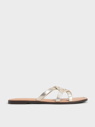 Ring Detail Metallic Strappy Flats, Gold, hi-res