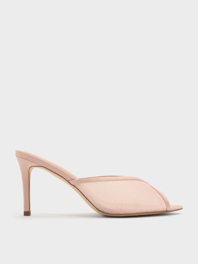 Glittered Mesh Peep-Toe Heeled Mules, Pink, hi-res