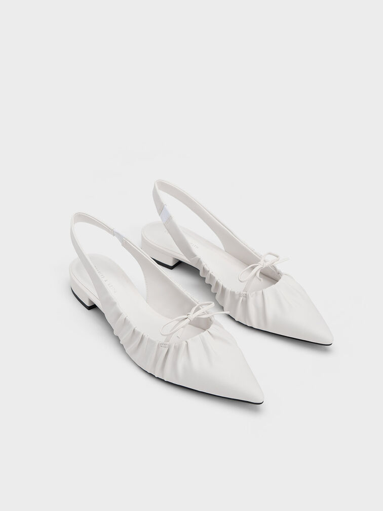 Bow Ruched Slingback Flats, White, hi-res