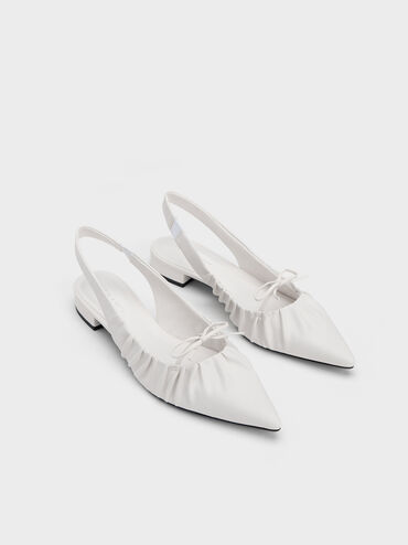 Bow Ruched Slingback Flats, White, hi-res