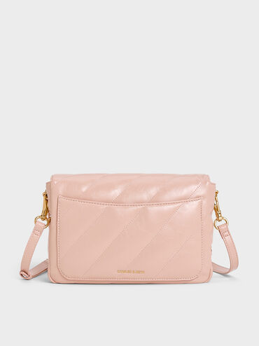 Fawn Panelled Front Flap Chain-Handle Bag, Light Pink, hi-res