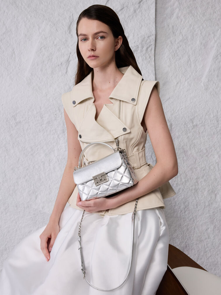 Alva Metallic Quilted Top Handle Bag, Silver, hi-res
