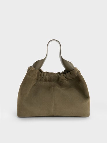 Ally Recycled Suede Ruched Slouchy Chain-Handle Bag, Deep Olive, hi-res