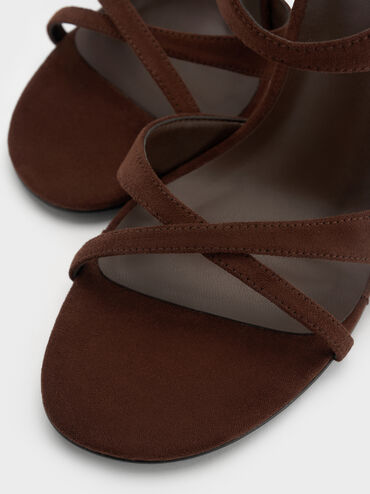 Faux Suede Crossover Stiletto Sandals, Dark Brown Textured, hi-res