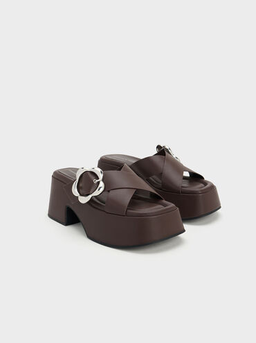 Flower-Buckle Crossover Platform Mules, Dark Brown, hi-res