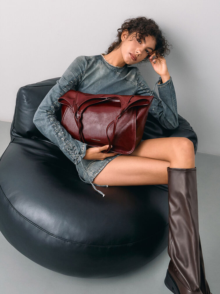 Sianna Crinkle-Effect Slouchy Tote Bag, Burgundy, hi-res
