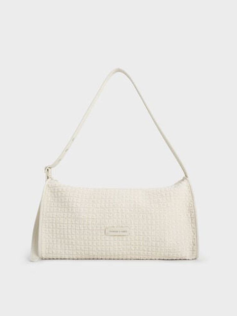 Textured Elongated Shoulder Bag, Frosted White, hi-res