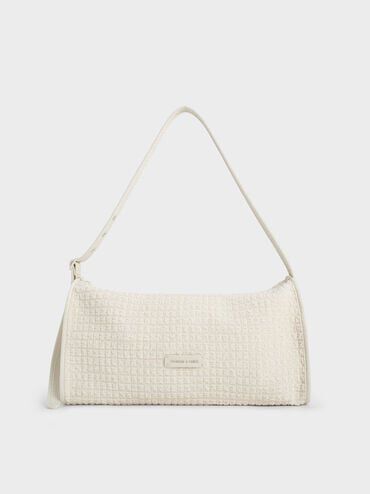 Textured Elongated Shoulder Bag, Frosted White, hi-res
