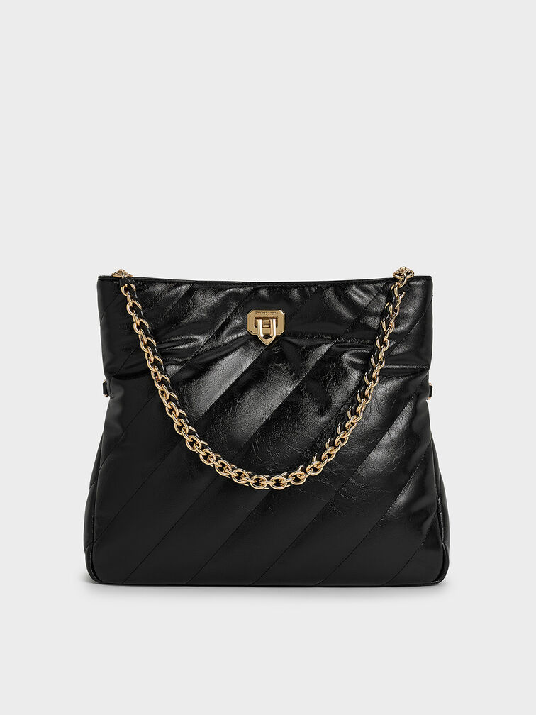 Fawn Panelled Chain-Handle Shoulder Bag, Black, hi-res