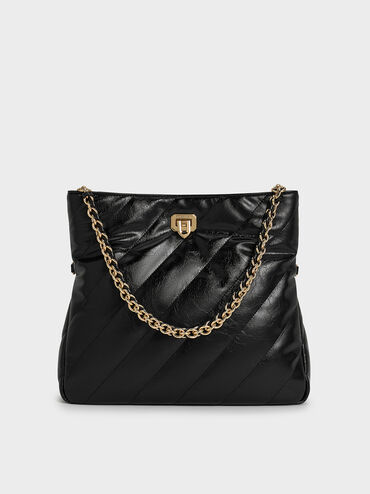 Fawn Panelled Chain-Handle Shoulder Bag, Black, hi-res