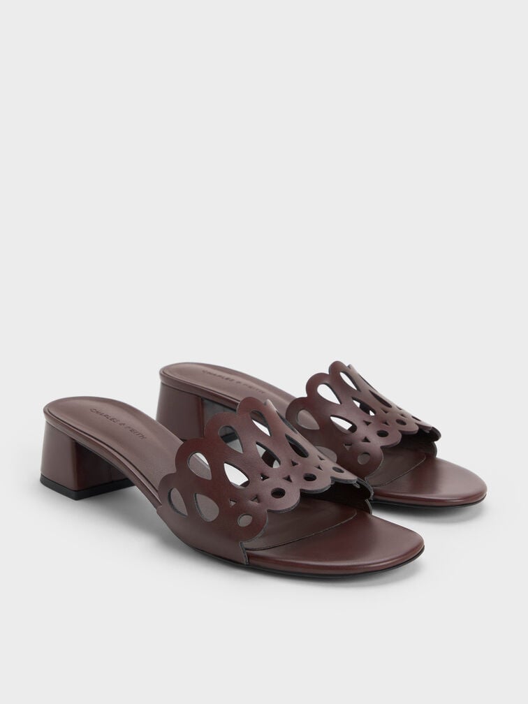 Cut-Out Block-Heel Mules, Maroon, hi-res
