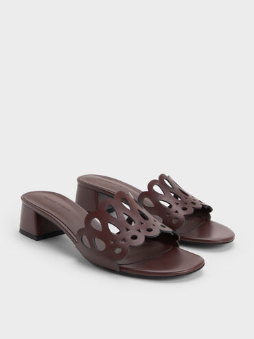 Cut-Out Block-Heel Mules, Maroon, hi-res