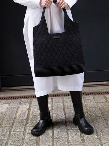 Willa Knitted Tote Bag, Black, hi-res